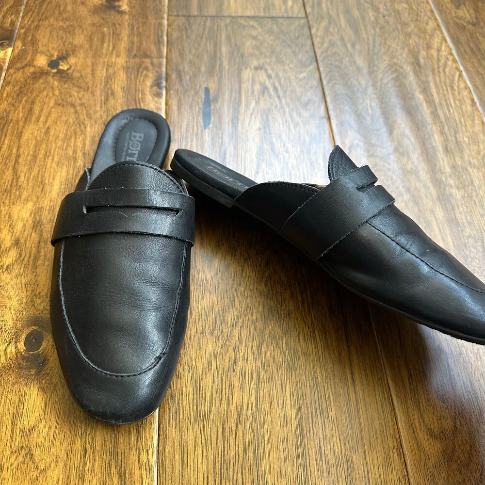 Born black leather flat slip on backless mule loafer 7.5 shoe